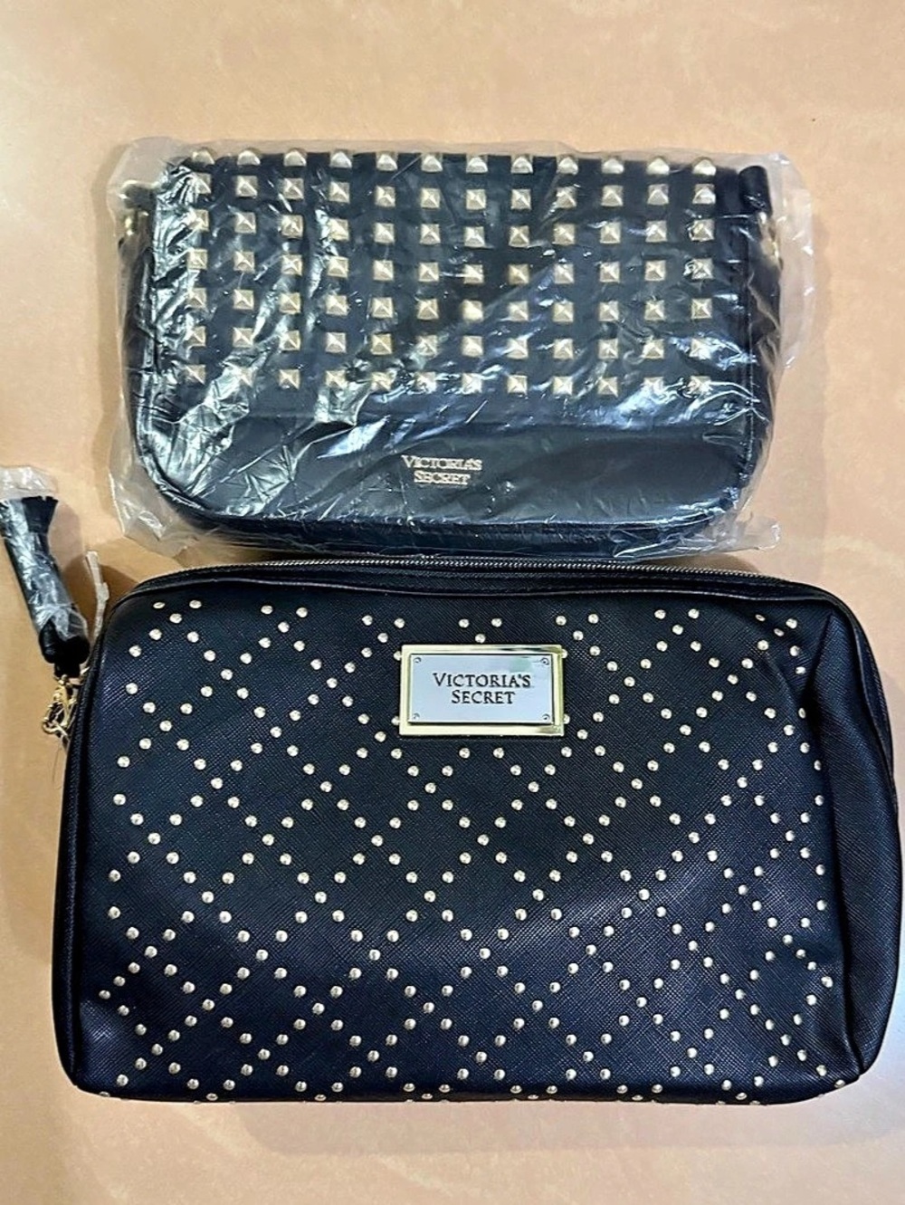 Victoria's Secret Studded Crossbody Bag, Cosmetic Pouch Set in Black